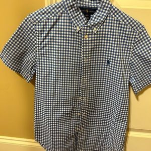 Boys blue/white checked Polo button up; barely worn like new; large (14-16)